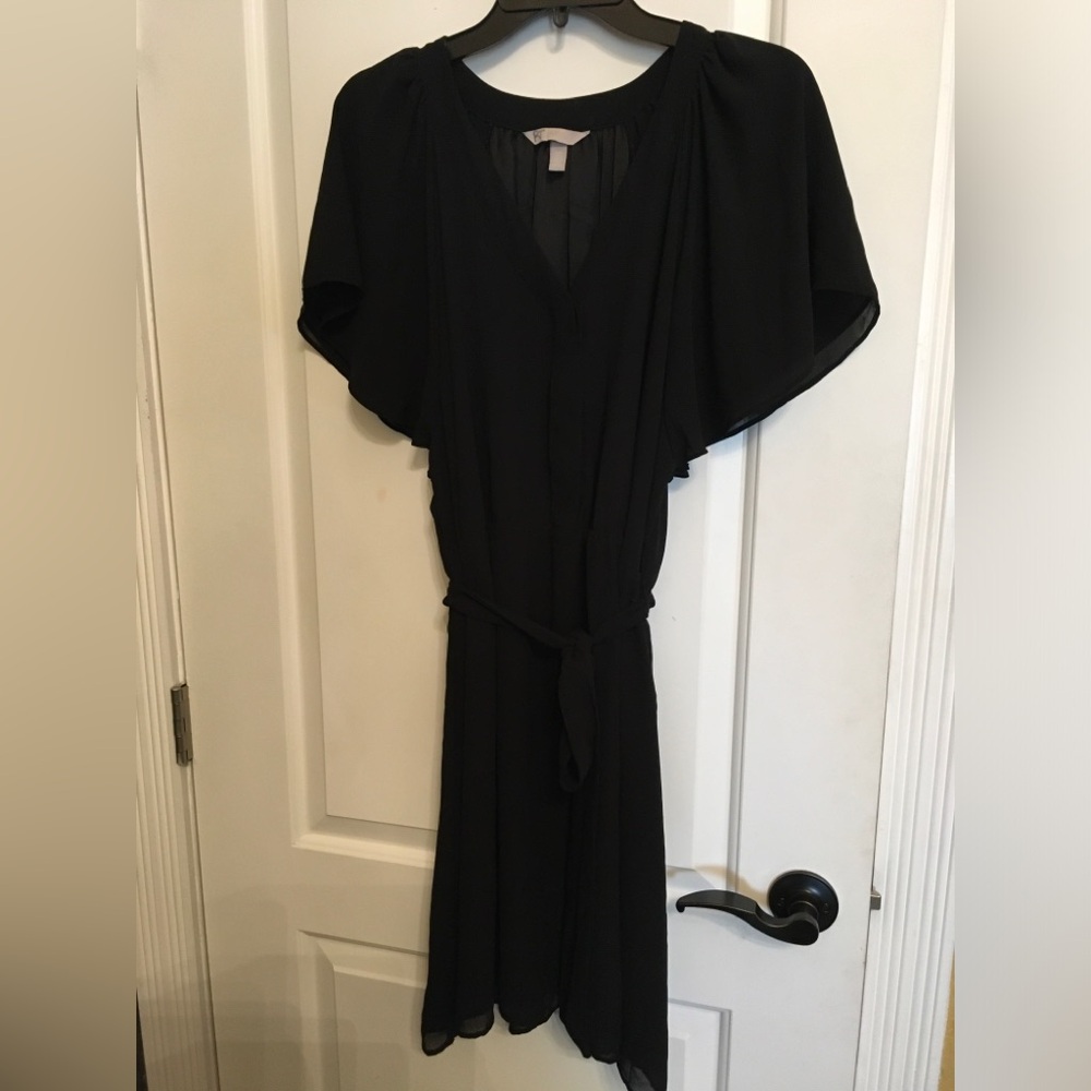 H&M Black Chiffon Flutter-Sleeve V-Neck Mini Dress with Tie Belt, XL sexy!
